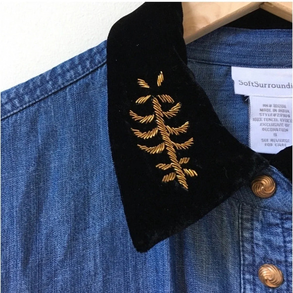 Soft surrounding Chambray velvet collar beaded embellished denim button down - Picture 5 of 9